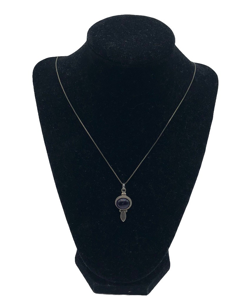 Sterling Silver Large Oval Purple Amethyst Vintage Pendant Necklace 26”