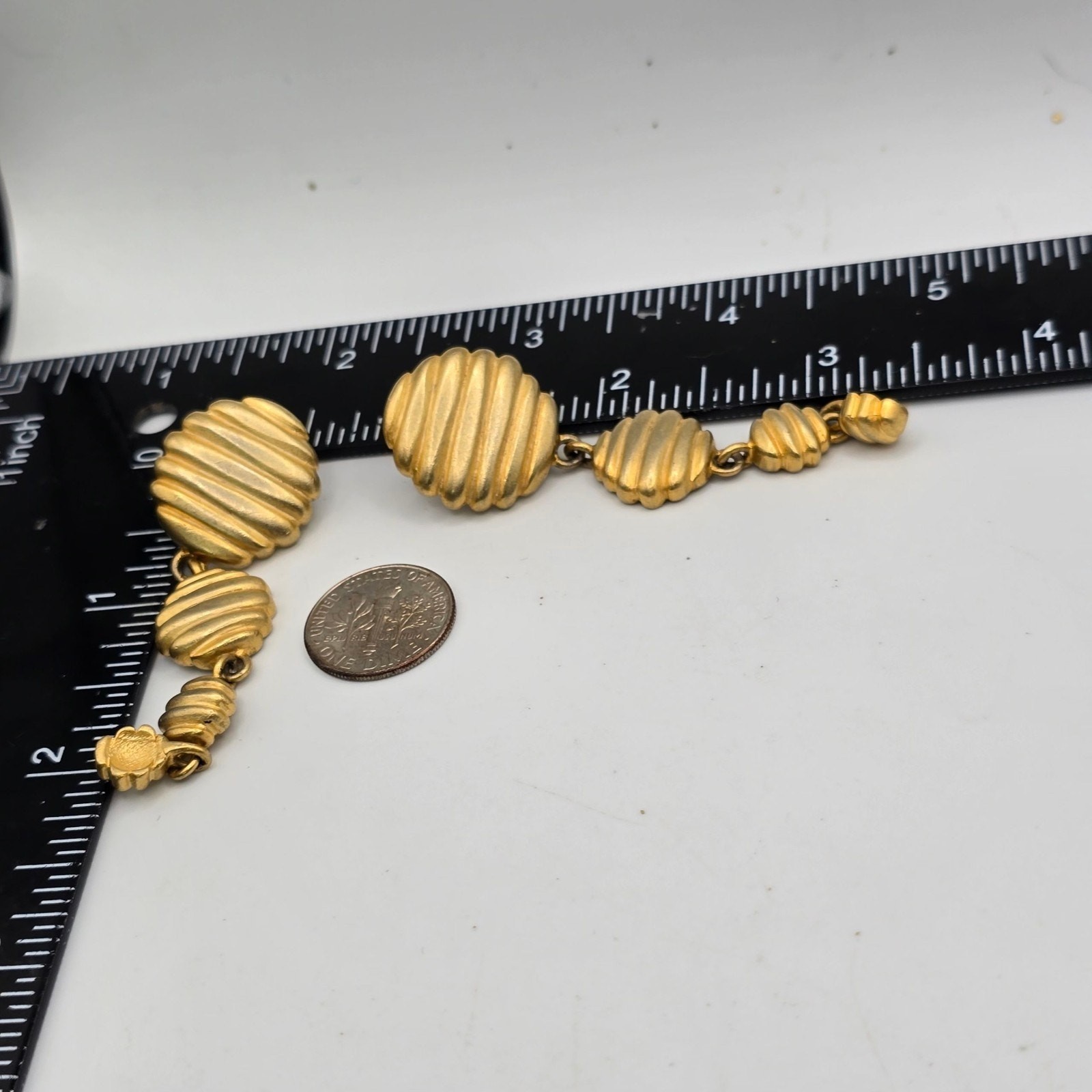 Pierced Earrings Ribbed Design Drop Flattened Dome Bead Gold Tone SKU 2484
