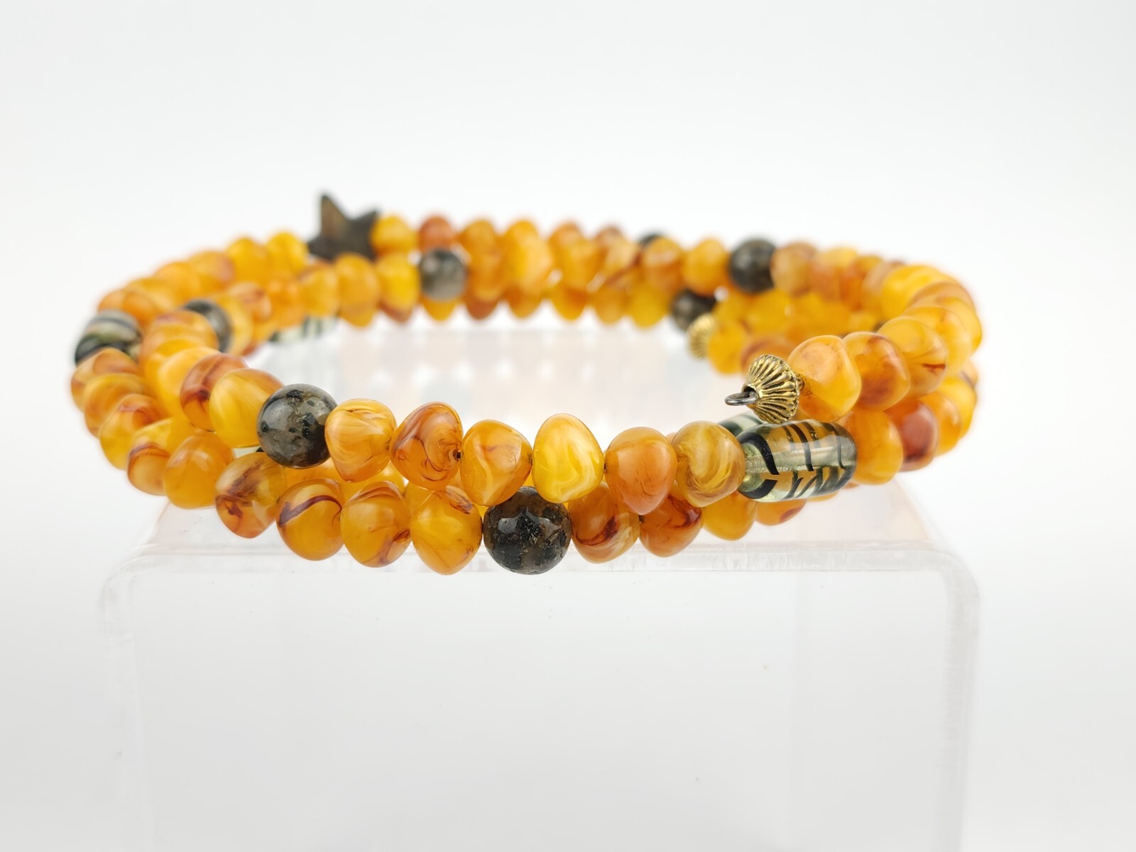 Vintage Amber Tone Memory Wire Choker Necklace Fluorescent Glass & Gemstones 56g
