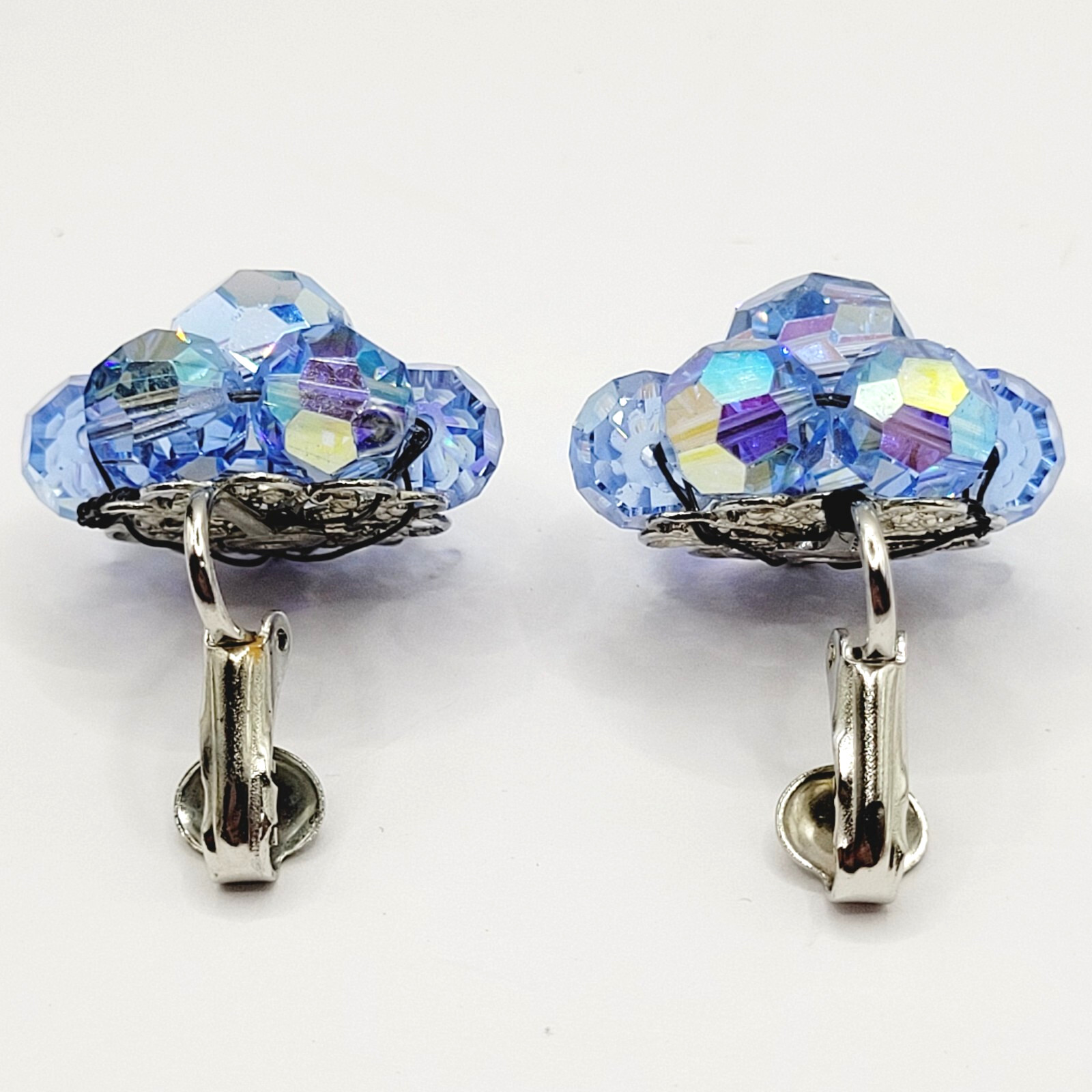 Light Blue Faceted Crystal Bead Cluster Sparkling Fancy Vintage Clip On Earrings