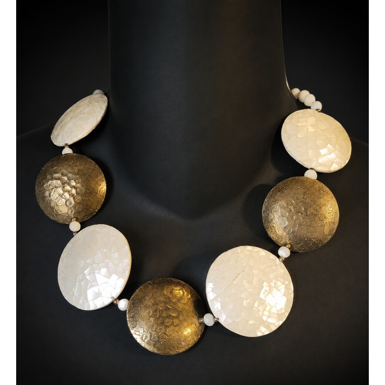 Brass & Mother of Pearl Necklace White & Gold Statement Ethnic Jewelry 18″ wh414