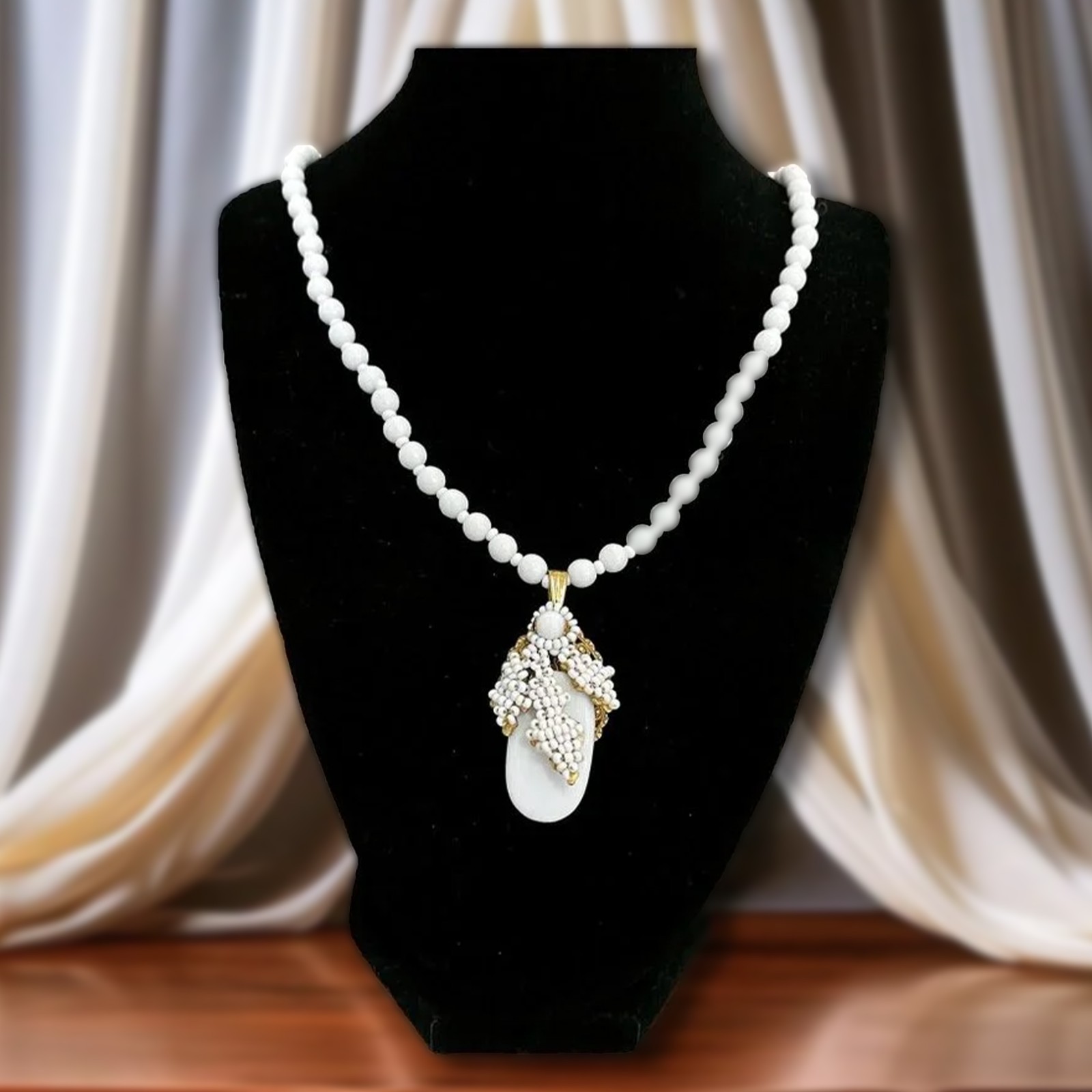 Vintage Mariam Haskell Milk Glass Bead Neck Signed Clasp / Pendant 20”