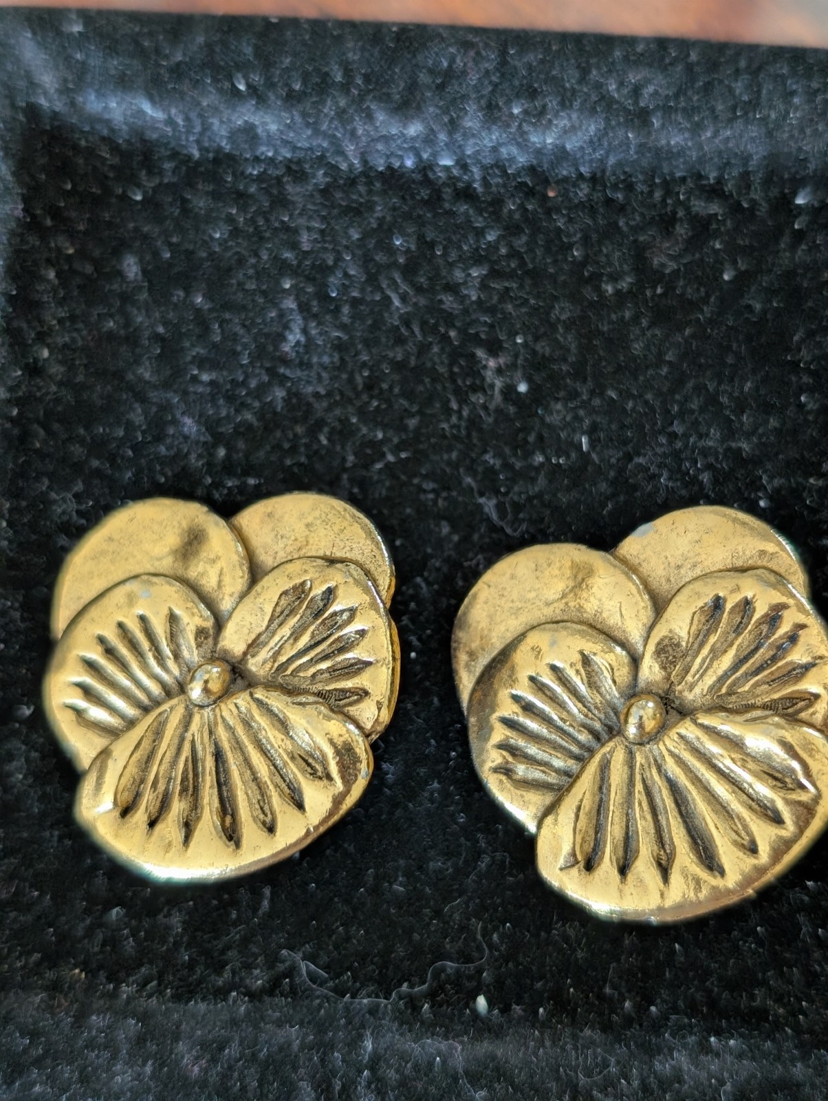 Vintage Signed EH Clip-On Pansy Earrings