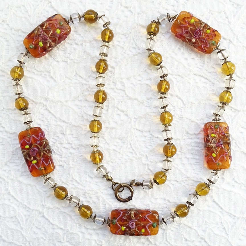 Vintage 1940s Venetian Wedding Cake Art Glass Bead Necklace Topaz Amber 25in