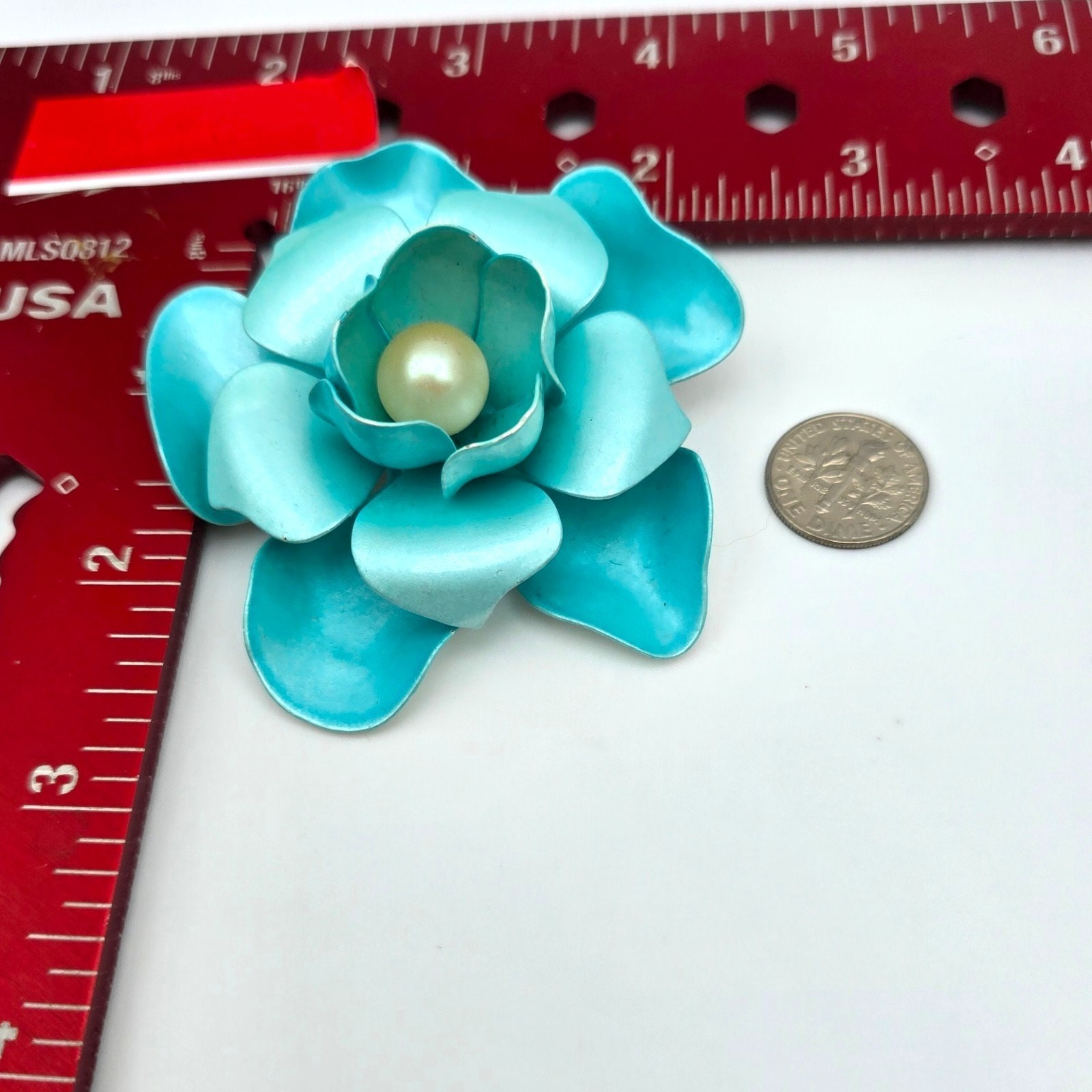 Vintage Brooch Flower Floral 3D Light Blue White Painted On Metal Statement