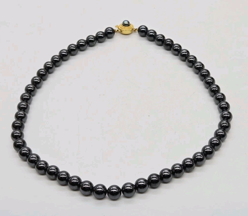 Hematite Beaded Choker Necklace Black Ball Vintage Fancy Clasp Couture Gold tone