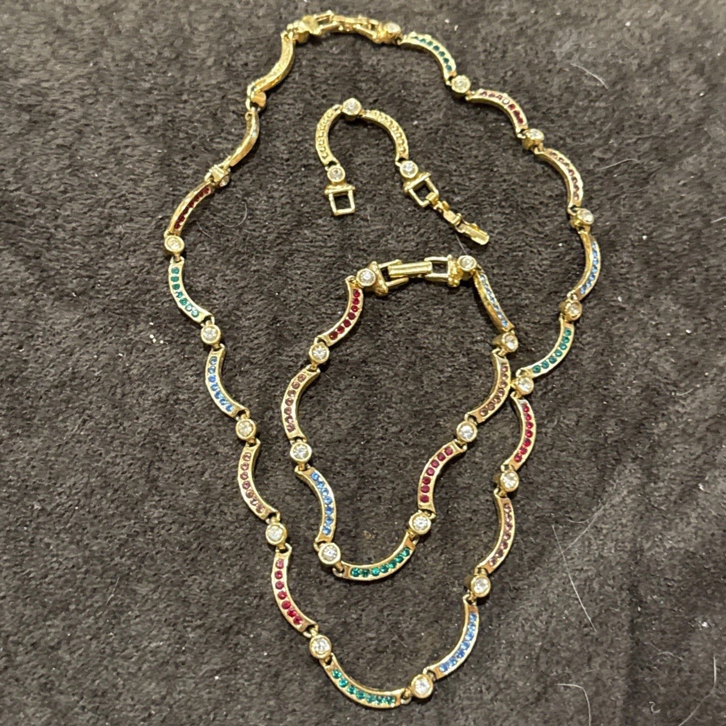 Necklace & Bracelet Multicolor Rhinestone Curved Bar Link Colorful Wave Set