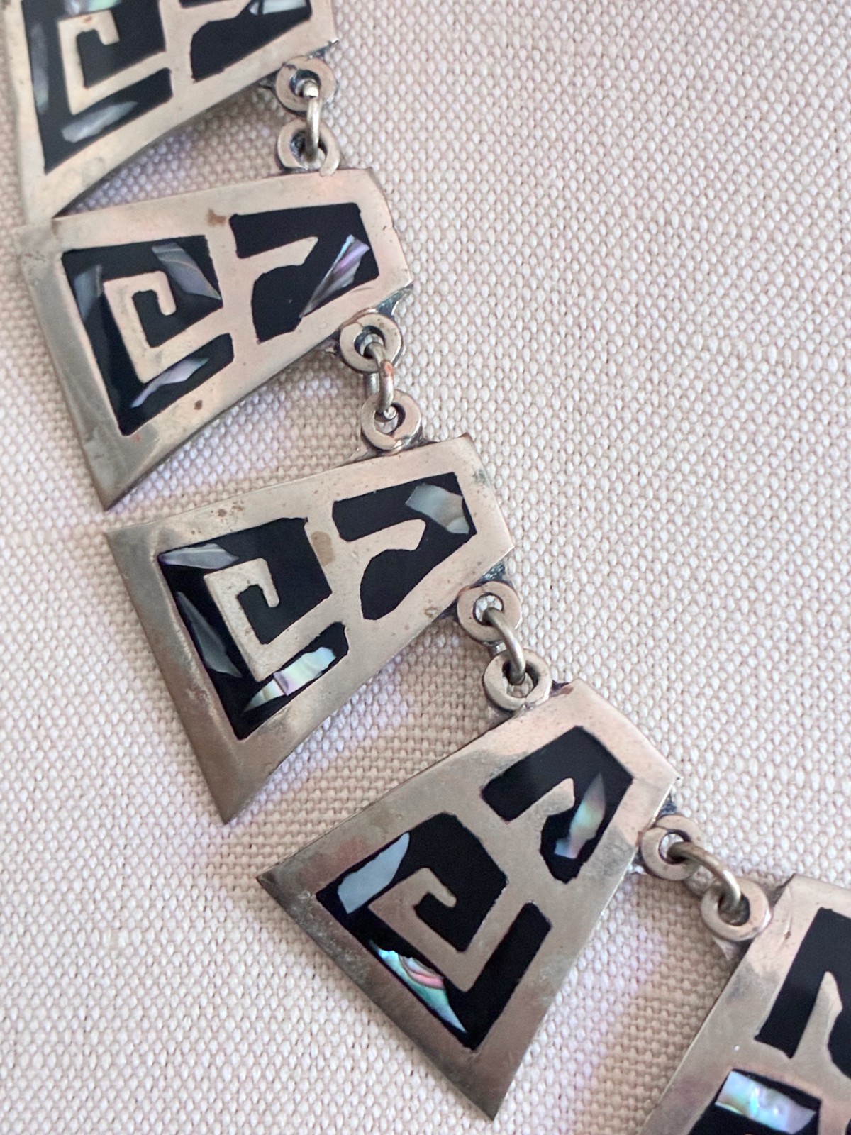 Vintage Alpaca Silver Necklace Choker Inlay Abalone Mexico Stamped 17″ Clasp