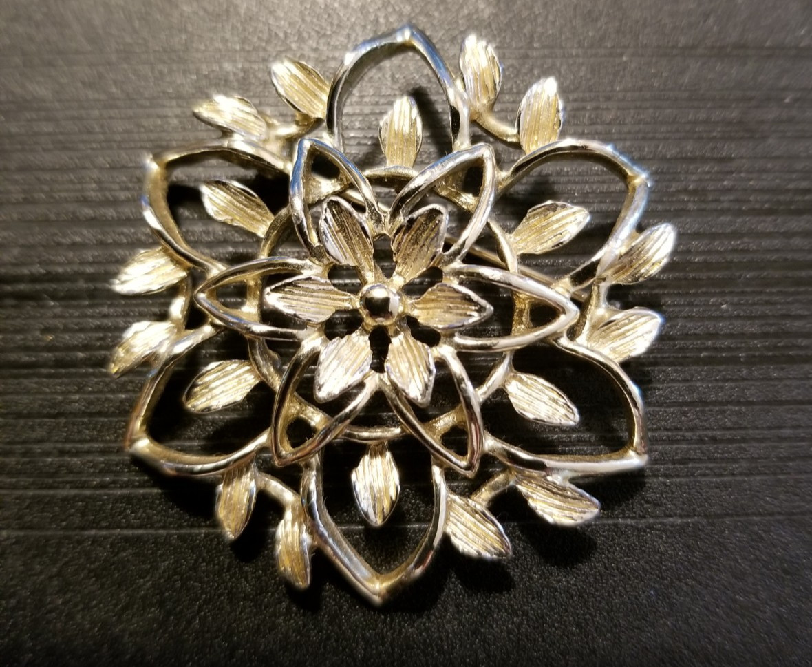 Floral & Leaf Brooch Pin MCM Open Design Straight Back Signed S Coventry