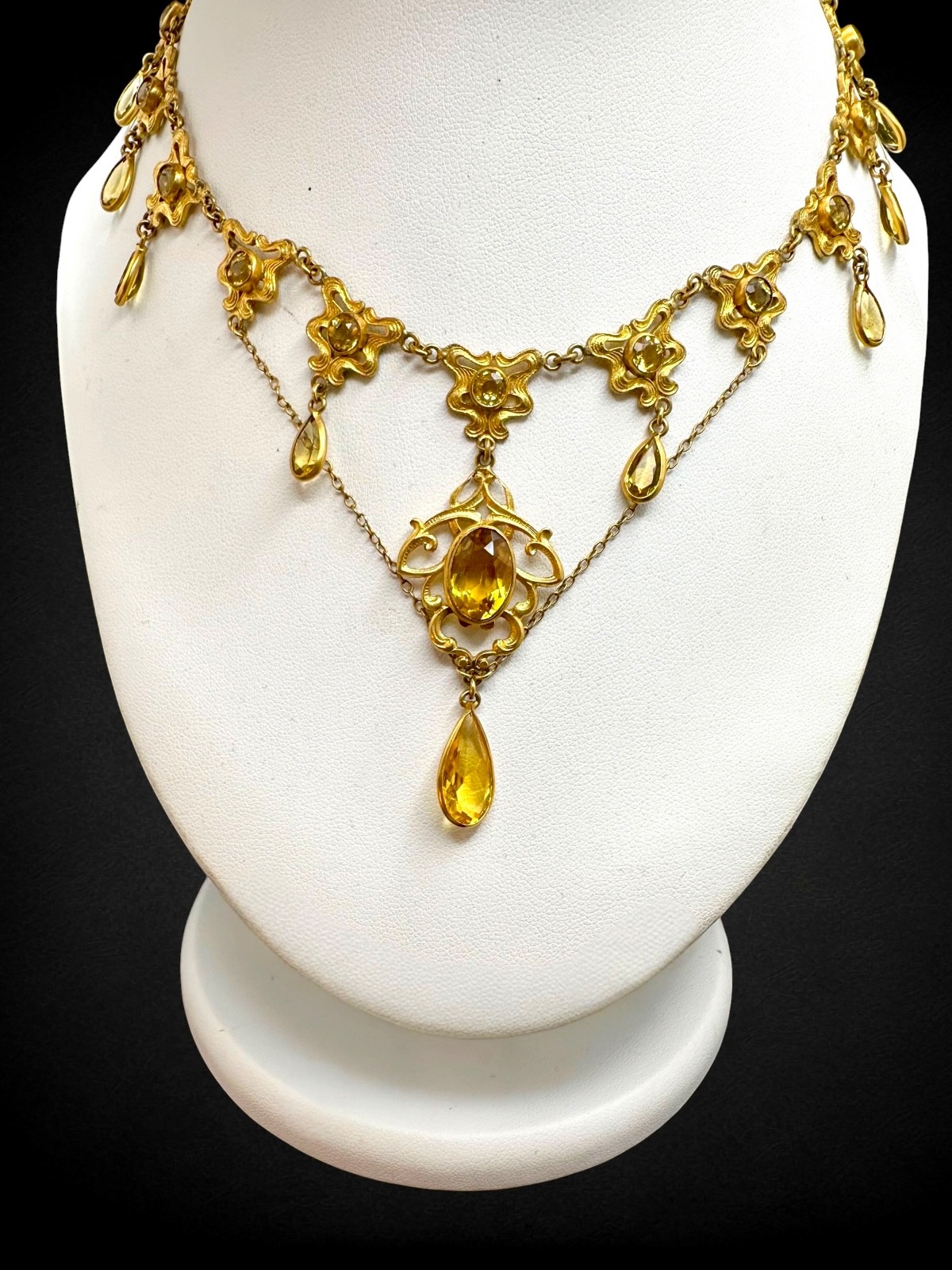 Antique Art Nouveau Goldtone Citrine Glass Festoon Choker Pendant Necklace