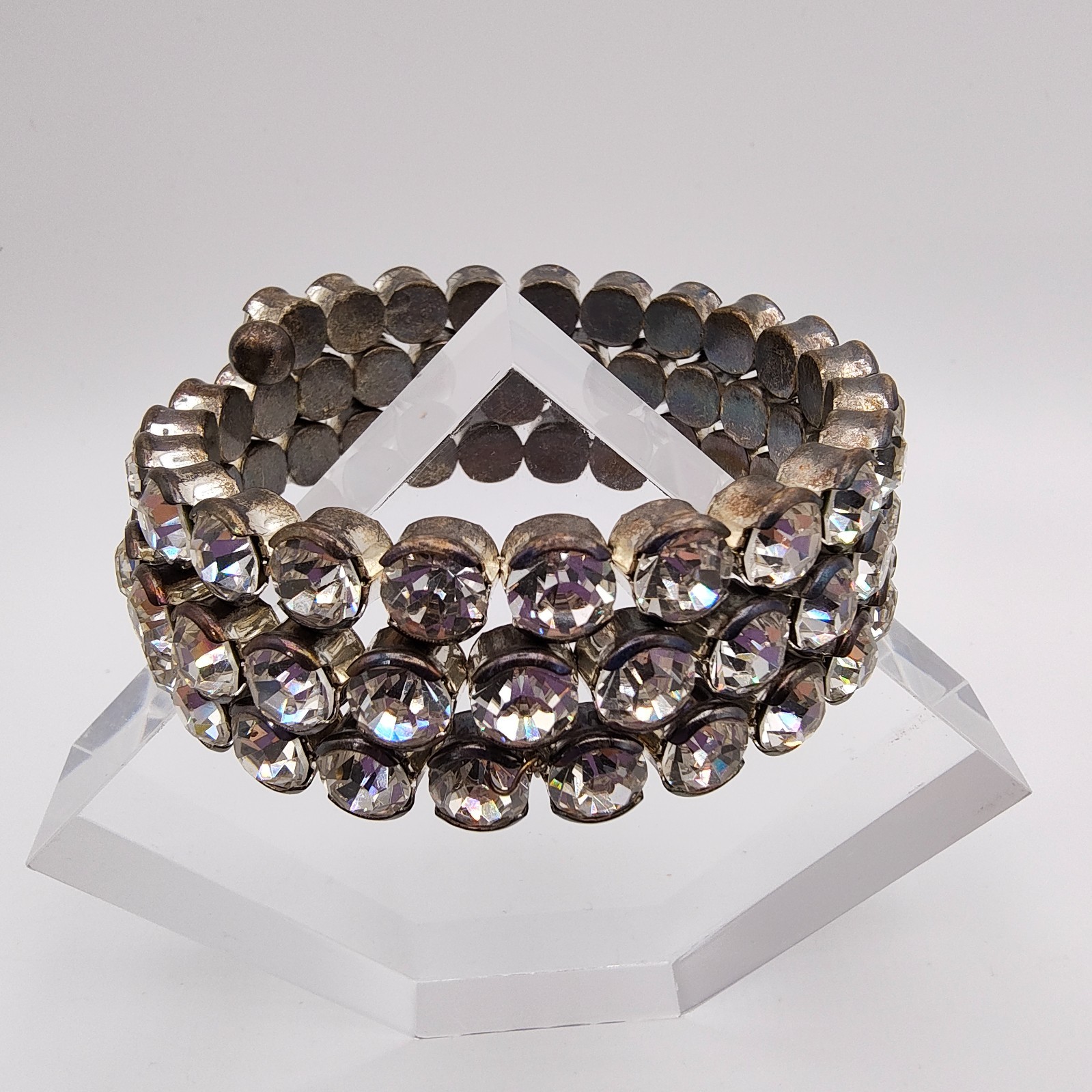 Vintage Art Deco Style Memory Wire Wrap Bracelet Glass Rhinestone Hollywood Glam