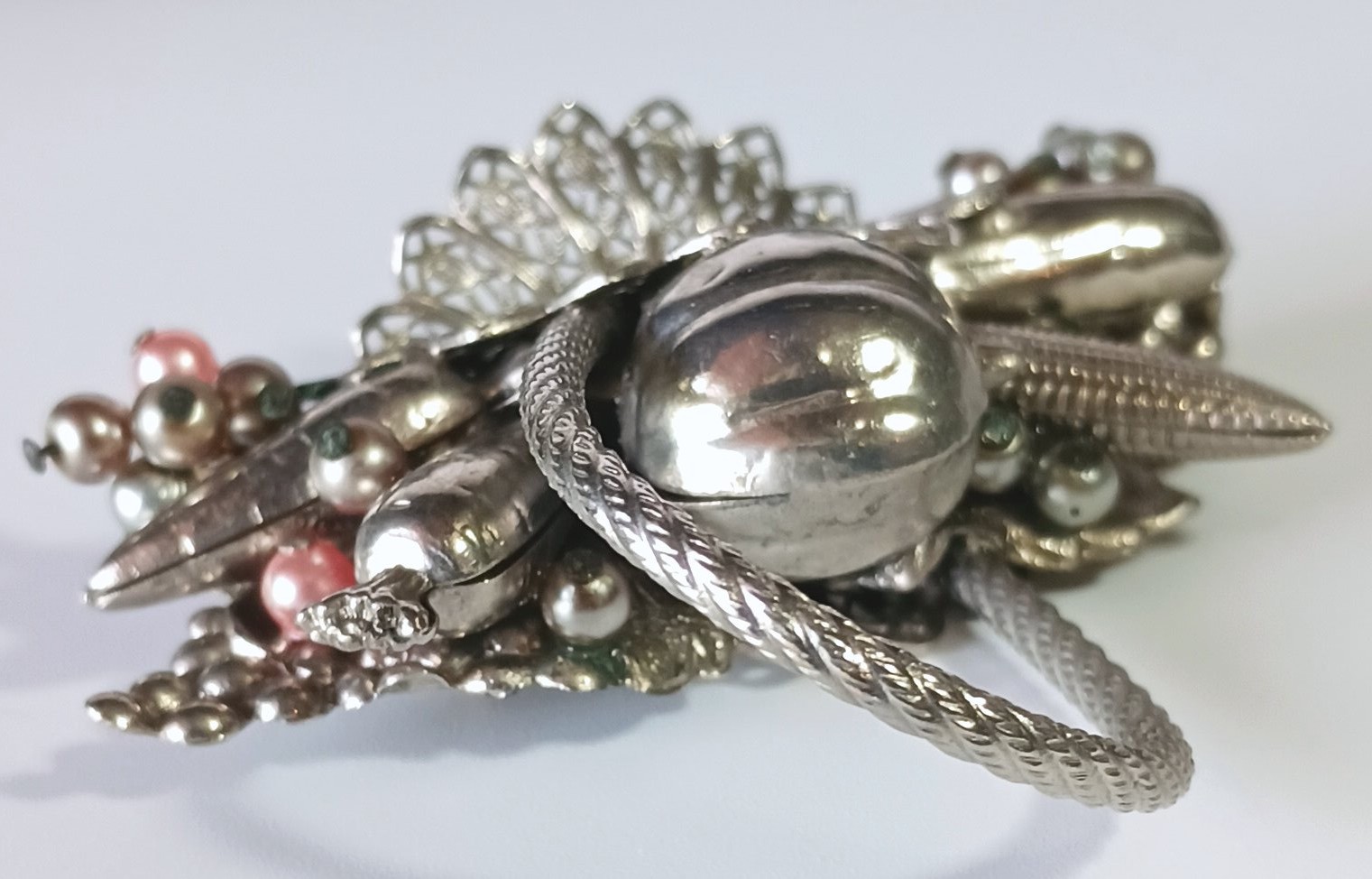 Unusual Ornate Silver-tone Vintage Harvest Veggie & Fruit Basket Brooch