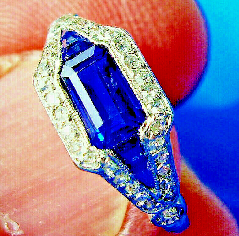 Original EARTH MINED SAPPHIRE DIAMOND ART Deco SOLID PLATINUM Engagement RING 6