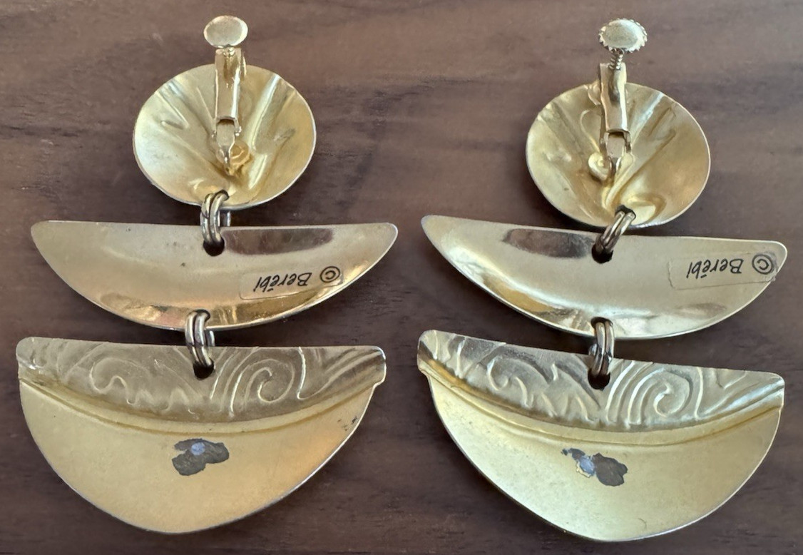Edgar Berebi Enamel Dangle Earrings – Sculptural Modernist Gold Tone Vintage