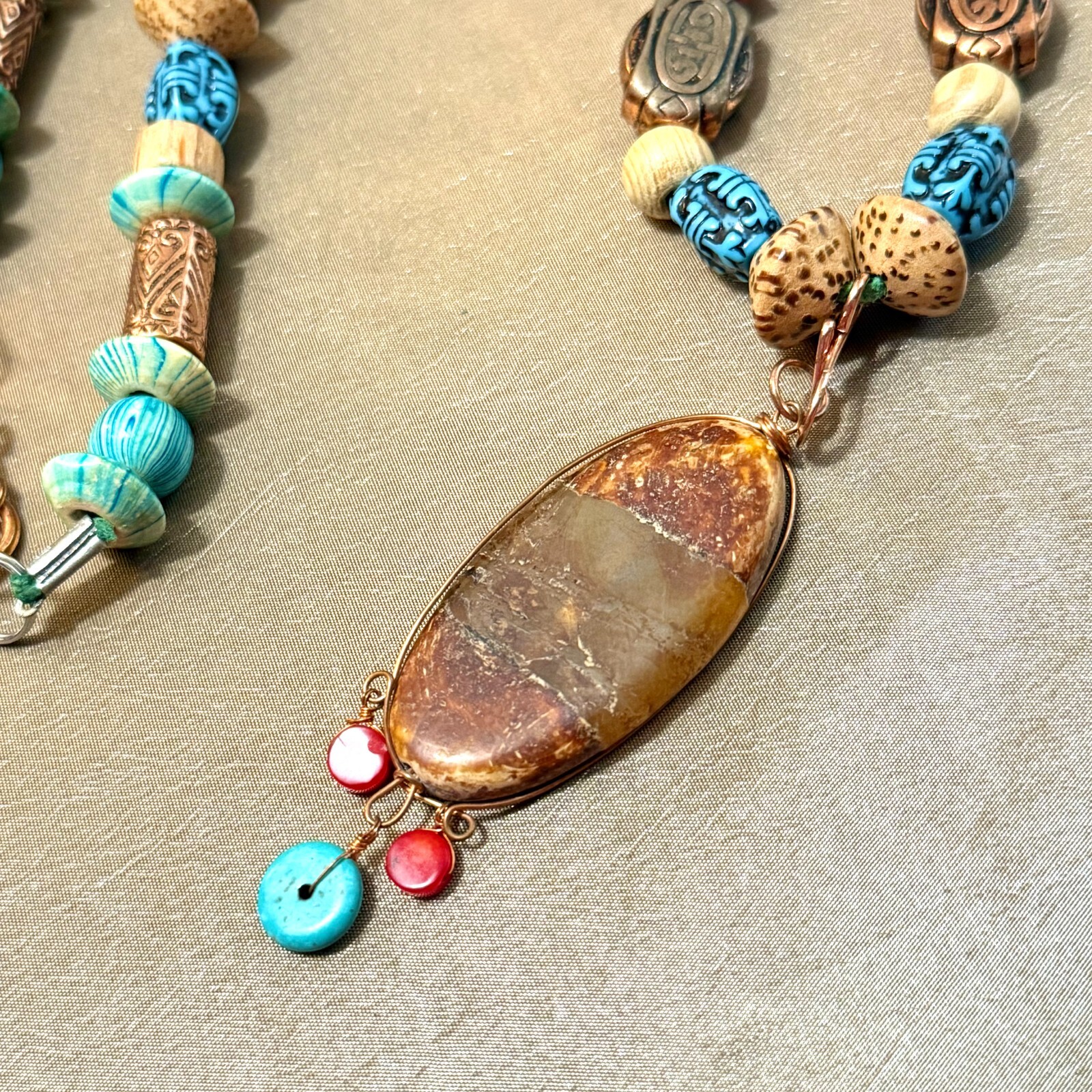 Boho Turquoise Beaded Necklace, Blue & Brown in Wood, Stone, Nut, & Metal – 25″