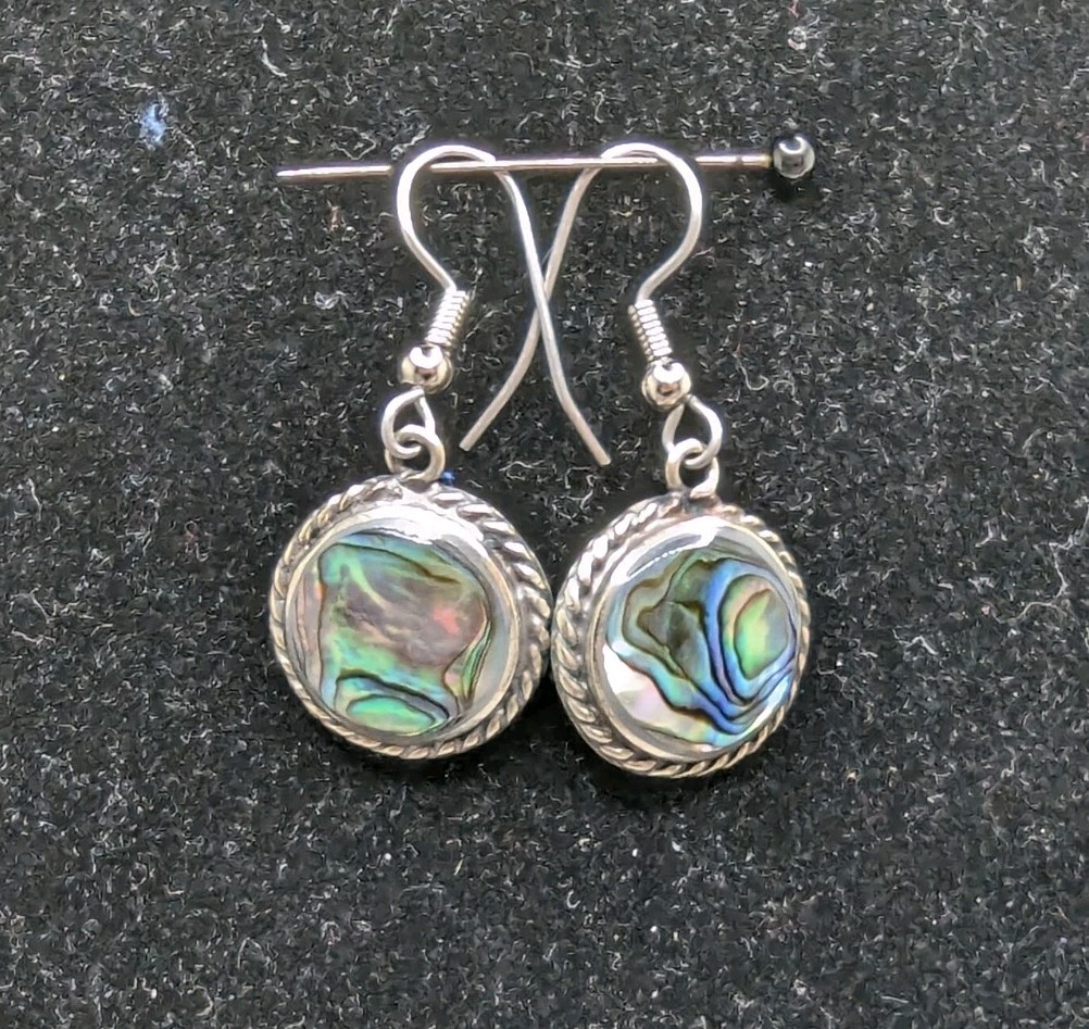 Vintage Abalone Round Circle Dangle Drop Pierced Earrings Silver Tone