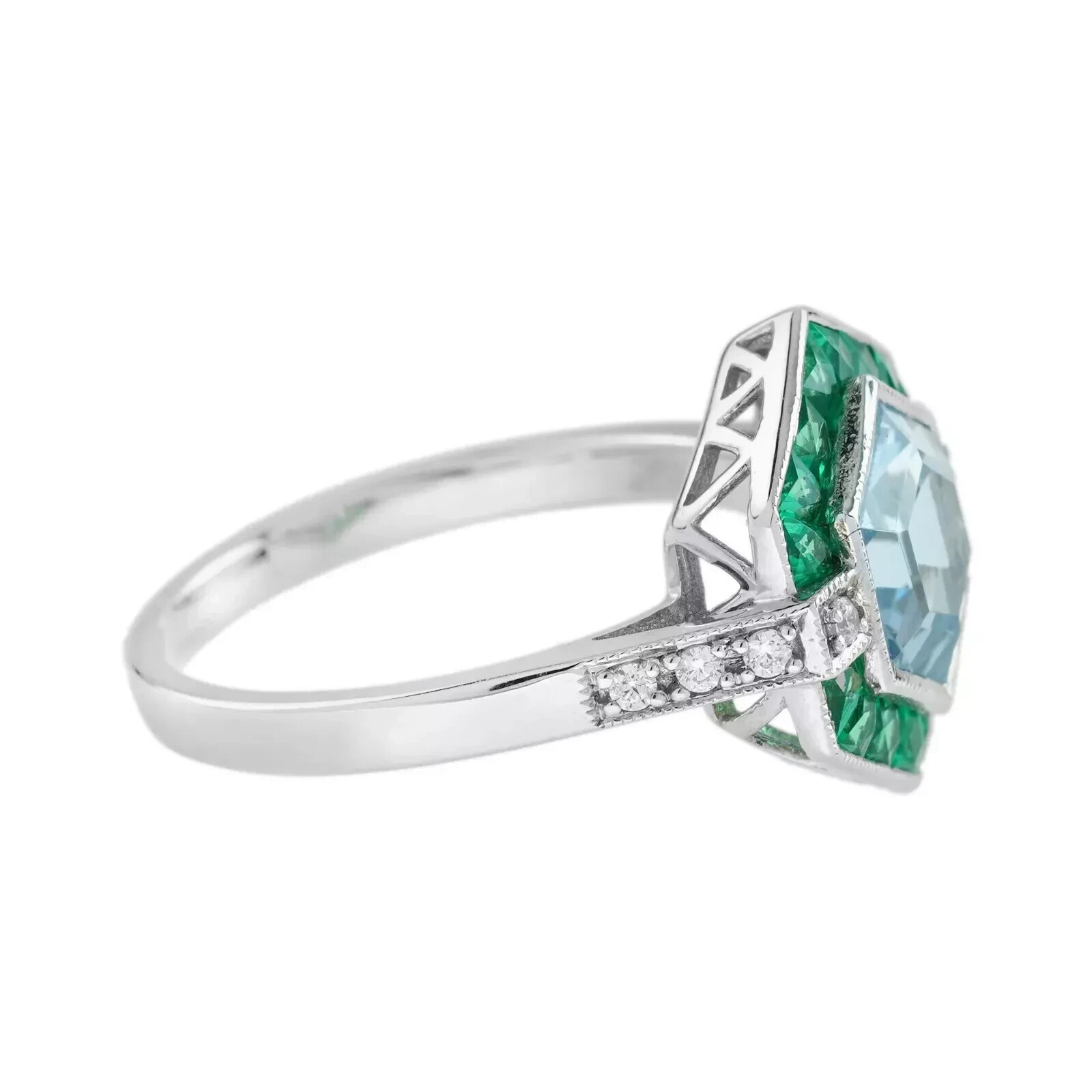 4Ct Art Deco Vintage Aquamarine & Emerald Hexagon 14K White Gold FN Wedding Ring
