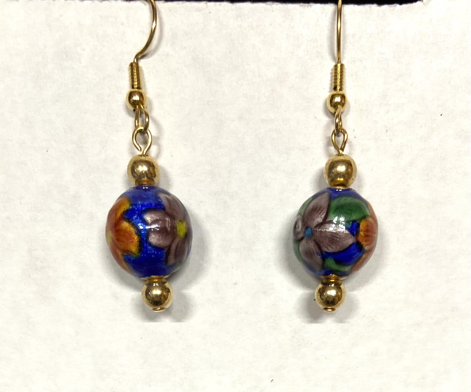 Vtg. Chinese Enamel Dangle Earrings Ball-Gold Tone-asst color flowers on Dk Blue