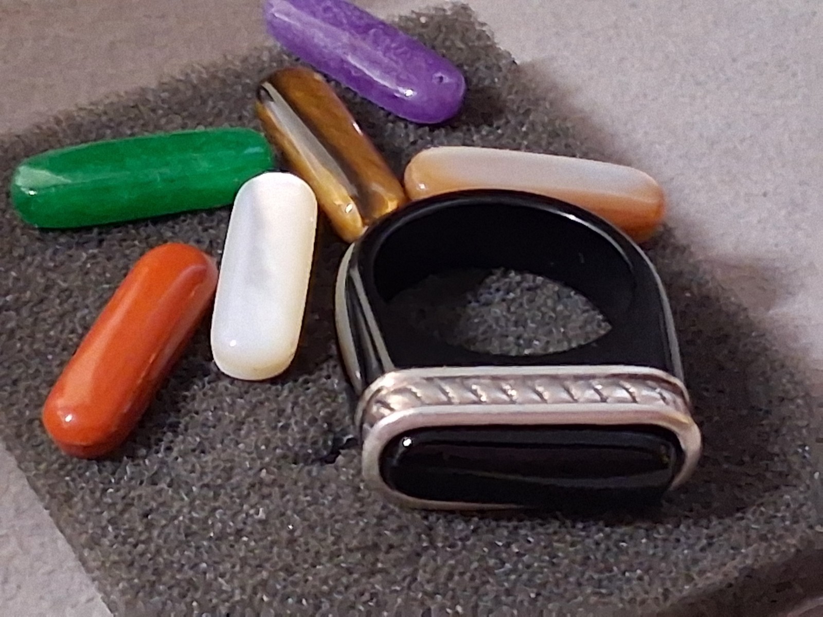 Sterling silver & onyx ring with interchangeable gemstones. SZ 6.75