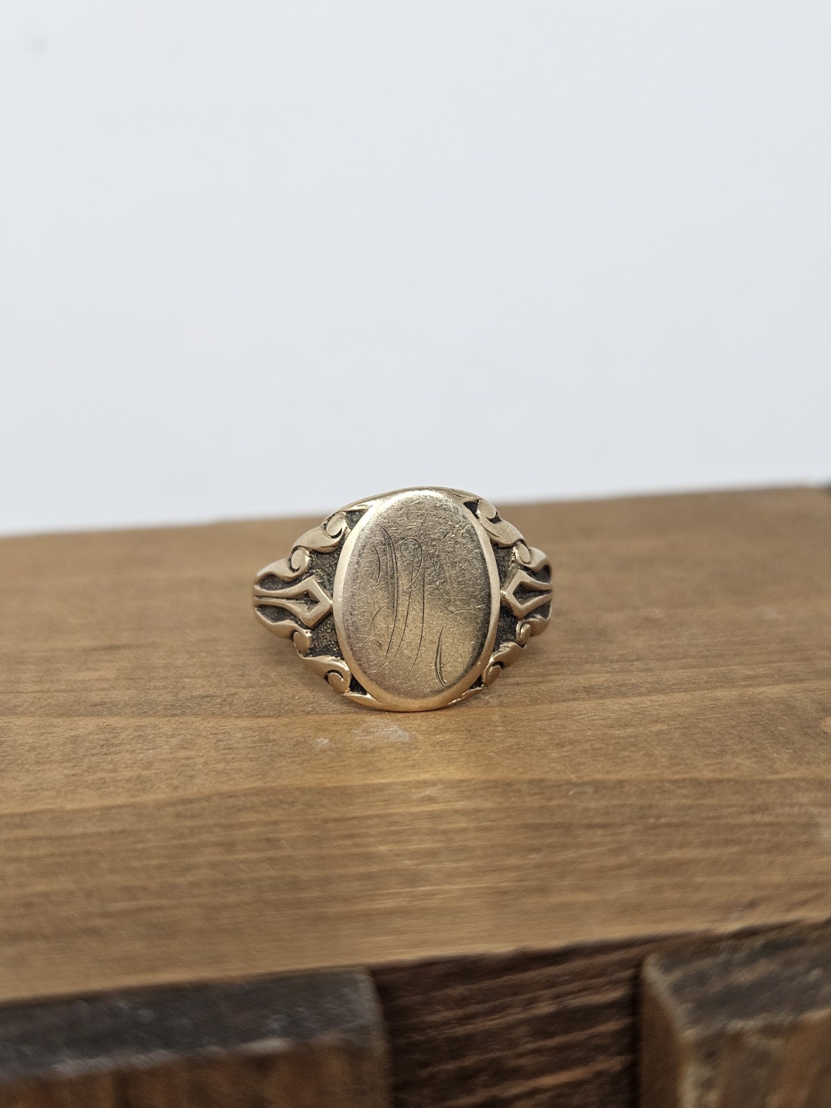 ANTIQUE ART NOUVEAU 10K Yellow Gold Oval Signet Ring Monogram Size 10.5