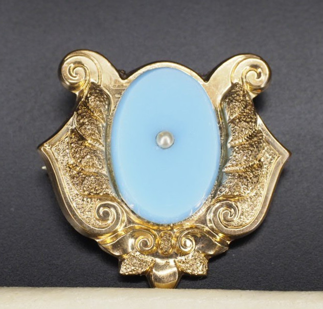 Antique gold brooch blue opaline glass hollow pin tube hinge C-clasp jewelry