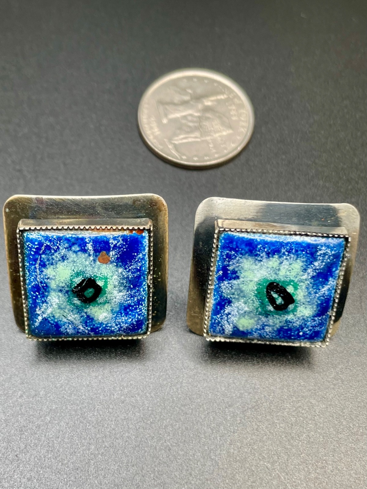 Vintage Mid Century Modernist Enamel Square Silver Tone Cufflinks Blue Abstract