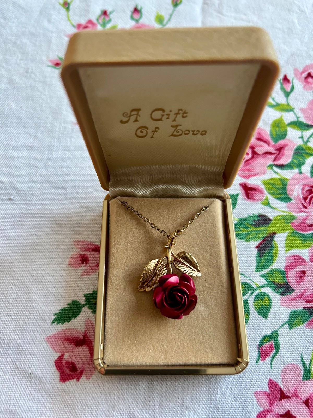 Vintage Gold-Tone Red Rose Pendant Necklace 1970’s, “A Gift Of Love”