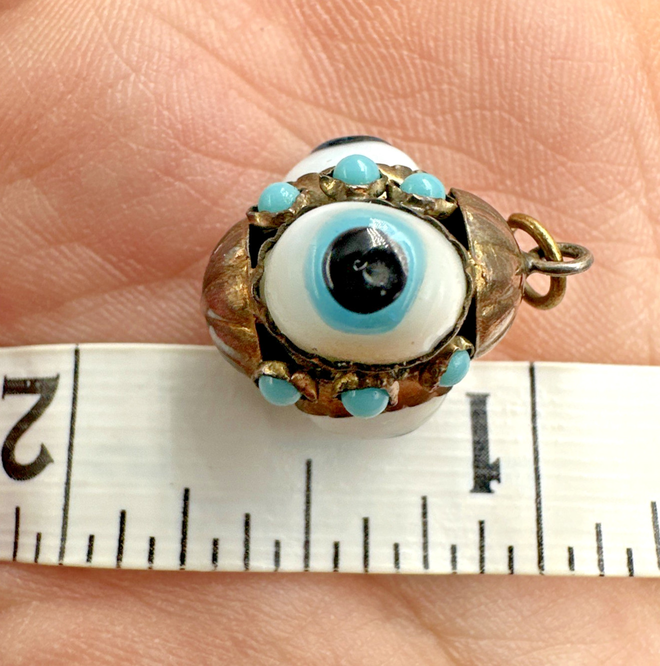 Vtg Victorian? Triple Evil Eye Blown Glass Gilted Brass Pendant Good Luck Amulet