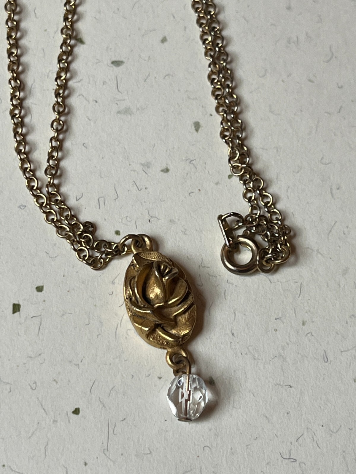 Dainty Goldtone Chain w Small EH Signed Oval Rose Flower & Clear Bead Dangle Pen