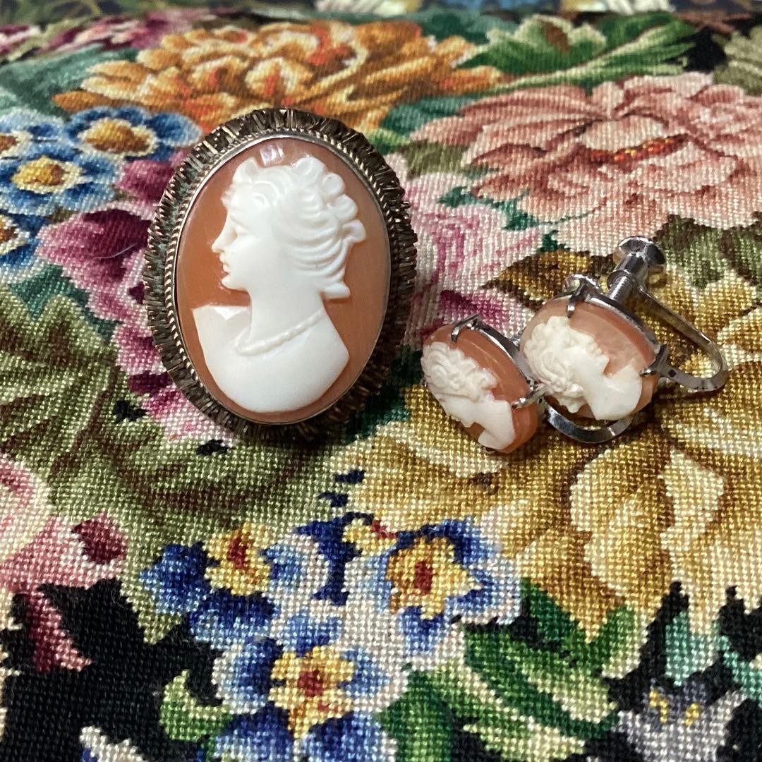 Semi Antique Shell Cameo Silver Ring & Earring