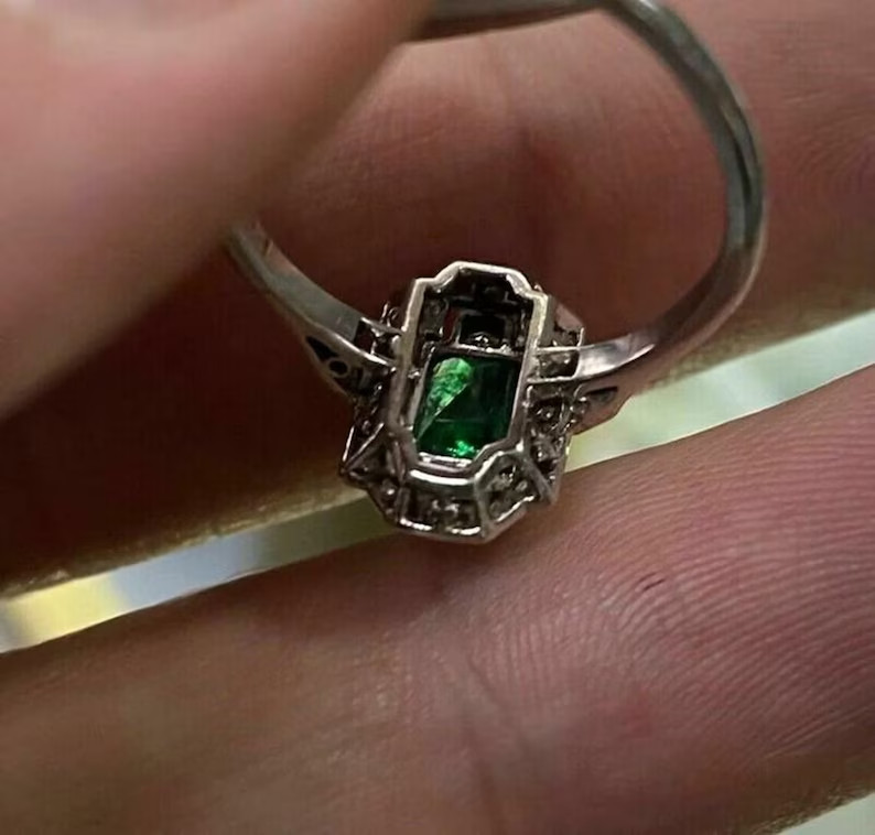 Art Deco Style 1.5Ct Emerald & Lab Created Diamond 925 Silver Engagement Ring