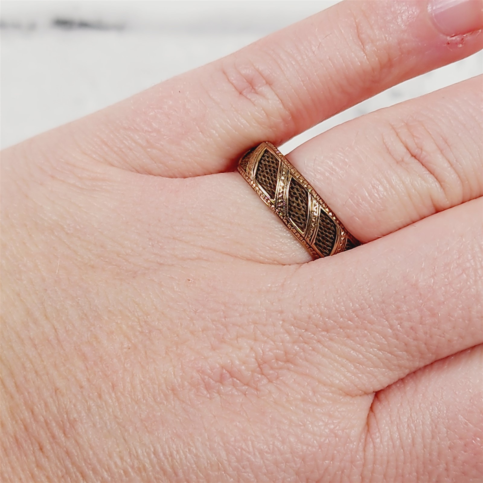 Victorian 10K Yellow Gold Hair 6.4mm Etched Band Ring 8.75 Antique Mourning