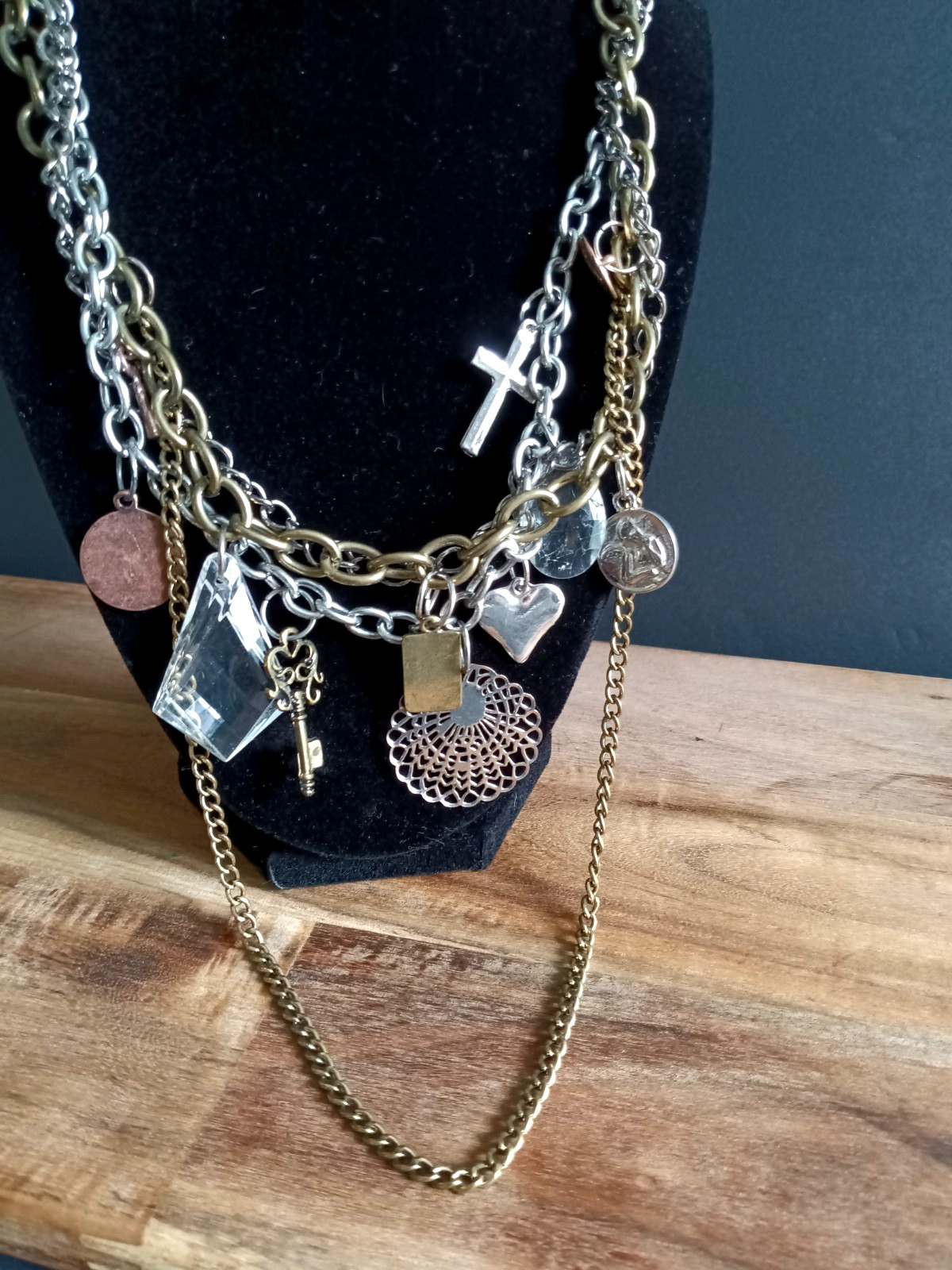 Multi Chain Charm Necklace Mixed Metal Layered Cross Heart Key Charms Y2K