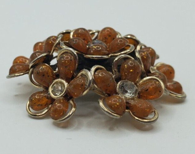 Beautiful GOLDEN BROWN AMBER FLOWER RHINESTONE BROOCH PIN