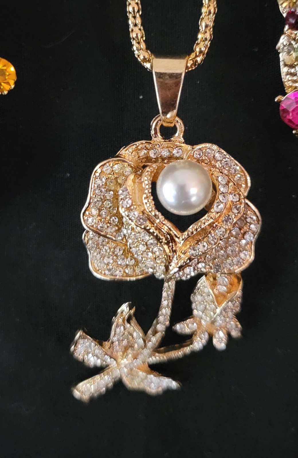 Lot of 3 Vintage Style Statement Necklaces 28″ Gold Tone Floral Rhinestone Pearl