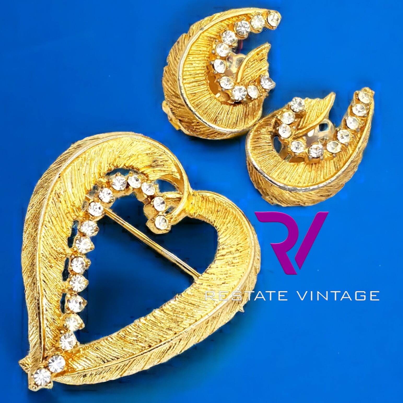 Mid Century BSK Signed Open Leaf Crystal Pave Earrings Brooch Set