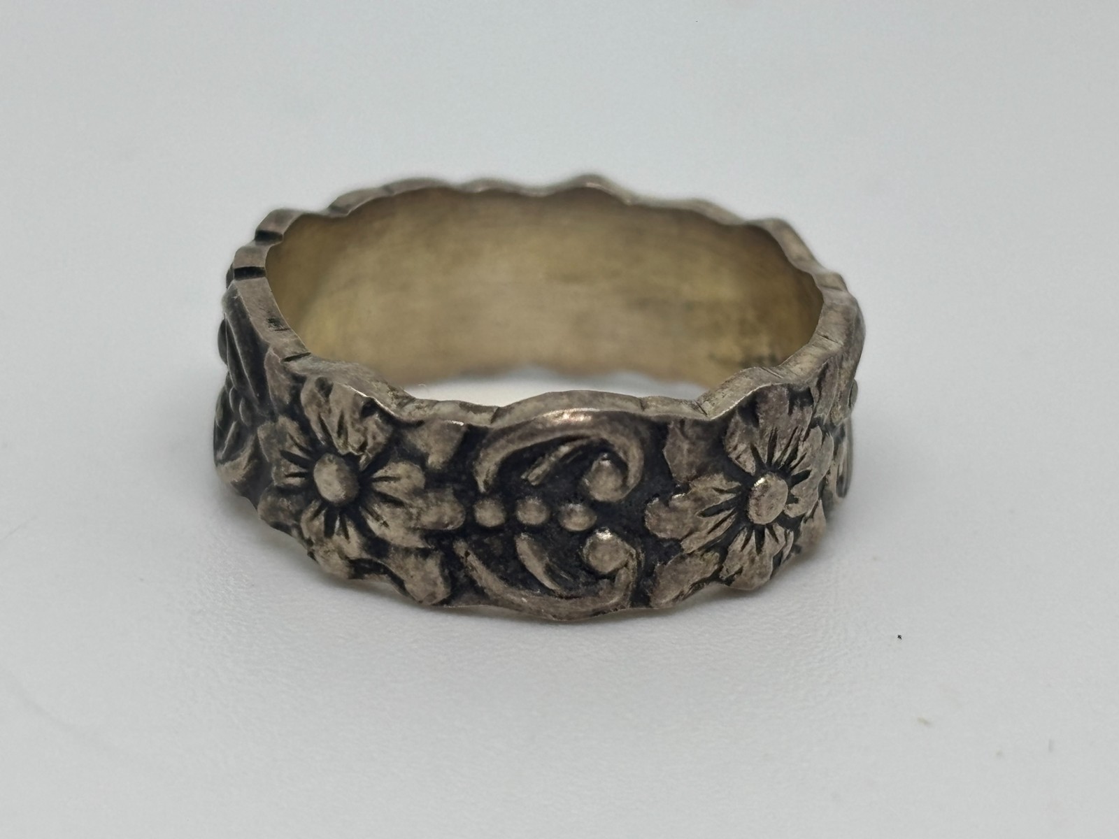 Vintage 60s Boho Flower Floral Mexico 925 Sterling Silver Wedding Band Ring 6.75