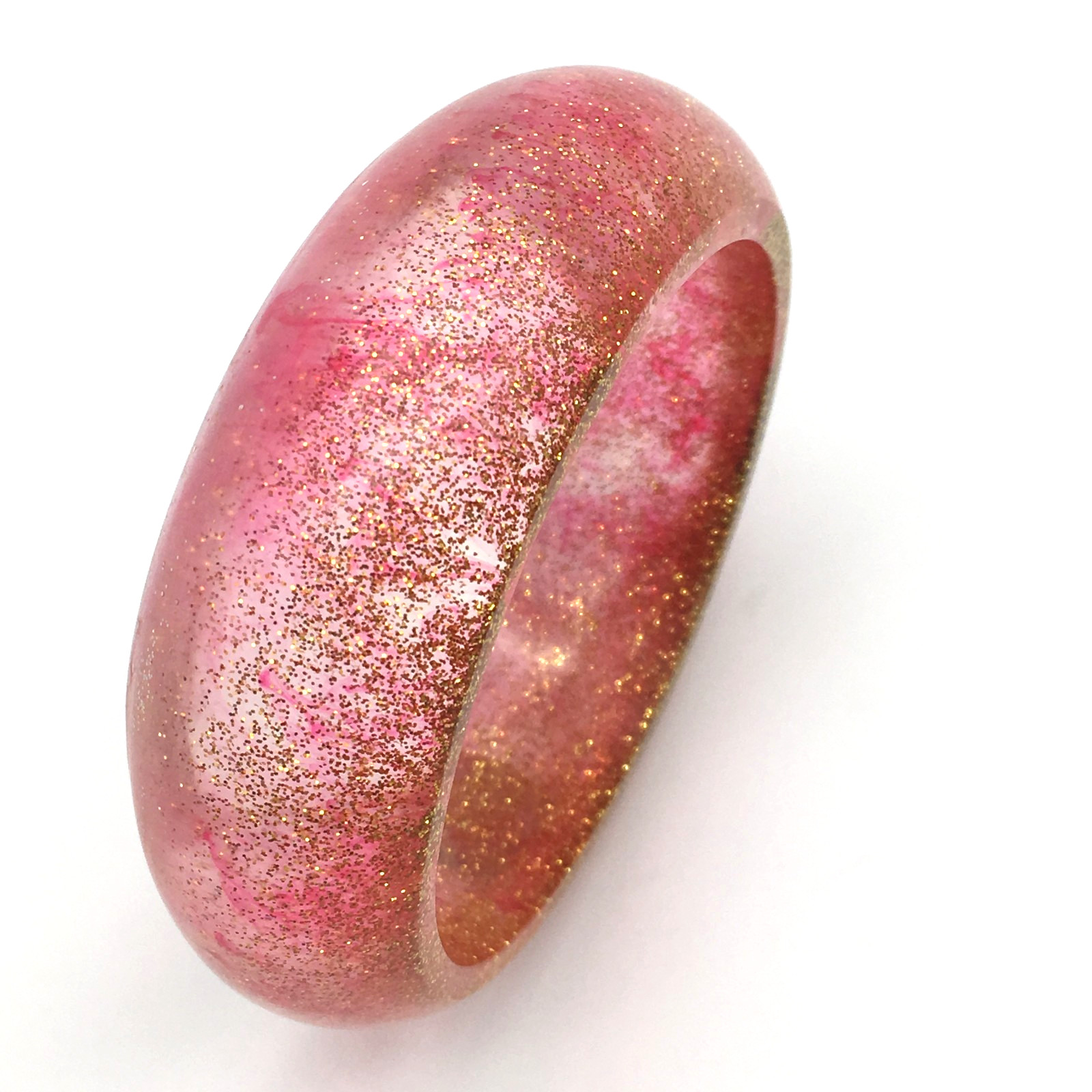 Gold Glitter Red Streaks Clear Lucite Bangle Bracelet