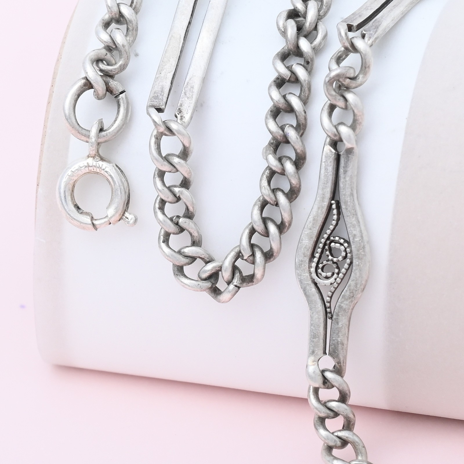 Antique Victorian Silver Curb Chain Filigree Bar Link 17″ Clasp Necklace