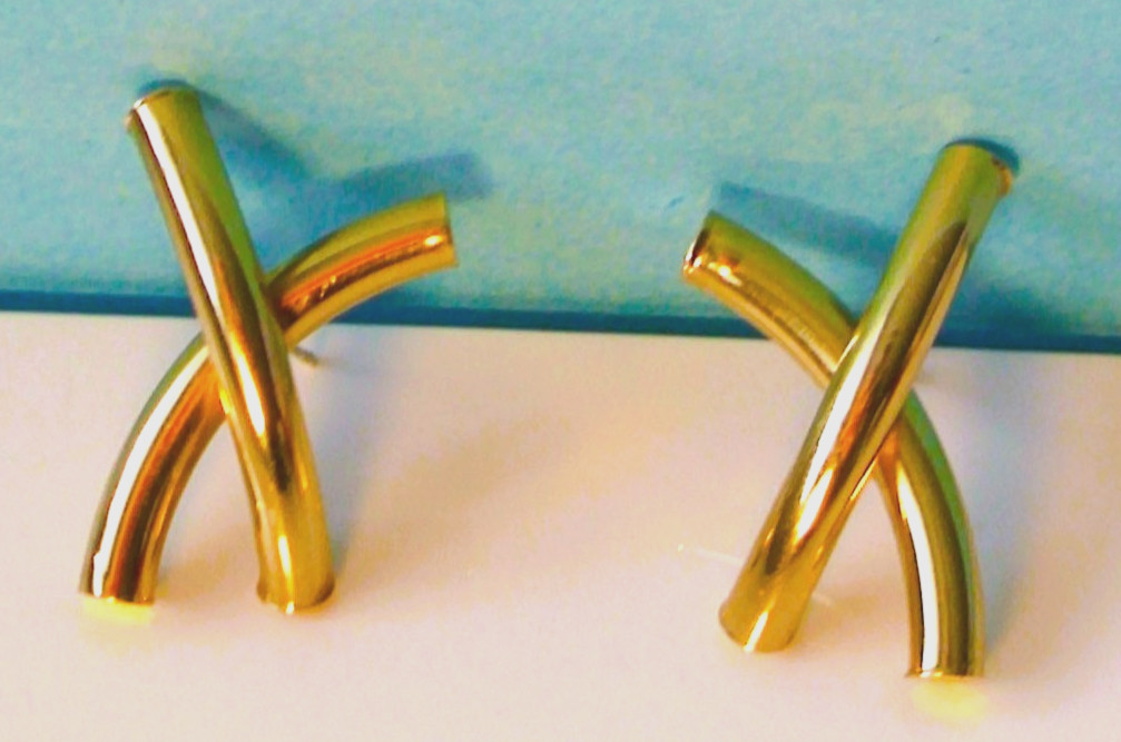 ❤❤ RARE Large 14K GOLD Vtg JCM Kiss or X Tube or Bars Modernistic EARRINGS