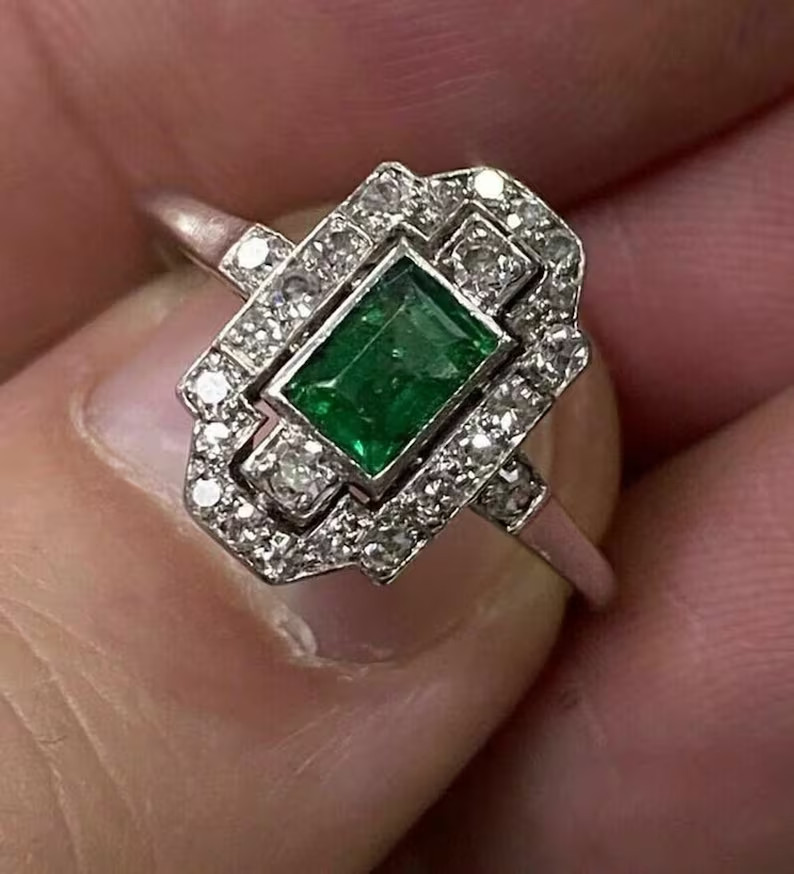 Art Deco Style 1.5Ct Emerald & Lab Created Diamond 925 Silver Engagement Ring