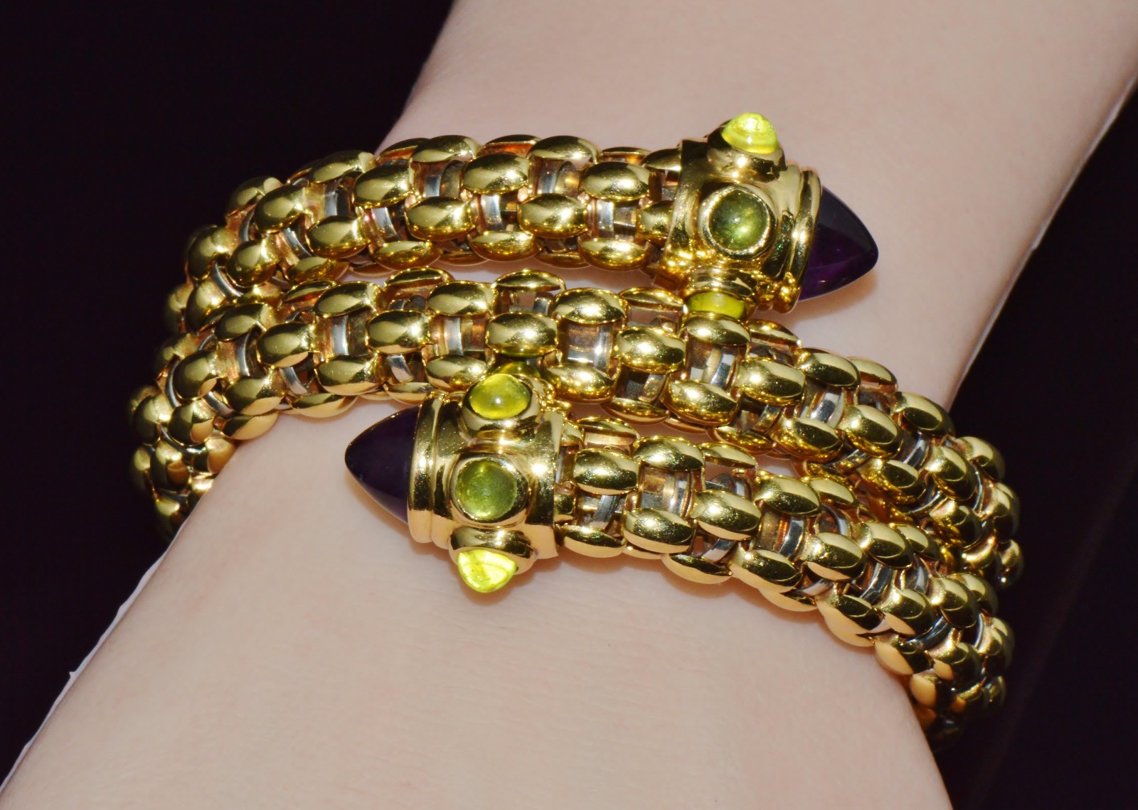 RARE VINTAGE FOPE AMETHYST 18K SOLID GOLD DOUBLE WRAP SNAKE FLEX’IT BRACELET