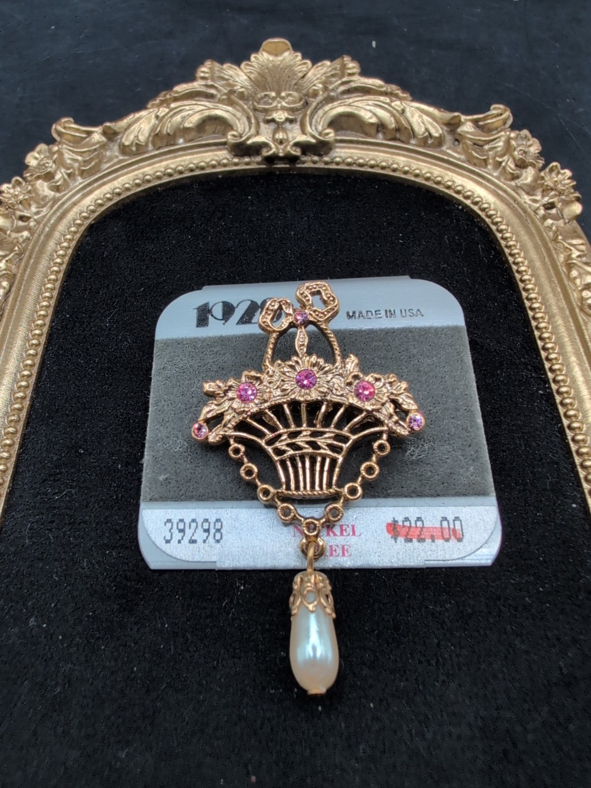 NEW 1928 Nickel Free Basket Brooch With Pink Rhinestones And Faux Pearl