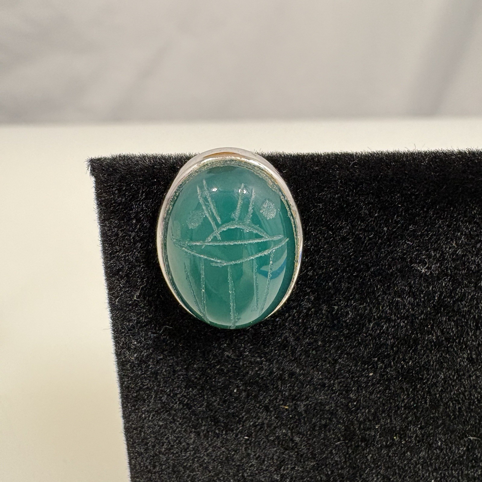 Vintage Green Carved Scarab Beetle Oval Stud Earrings by WRF Sterling Silver