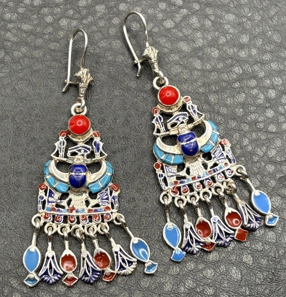 Sterling Silver Egyptian Revival Enamel Chandelier Earrings Scarab Hieroglyph