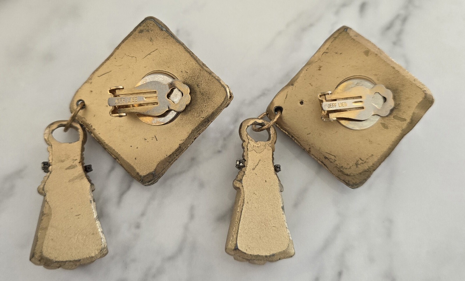 Vintage Gold Tone Jeff Lieb Designer Geometric Tassel Dangle Modernist Earrings