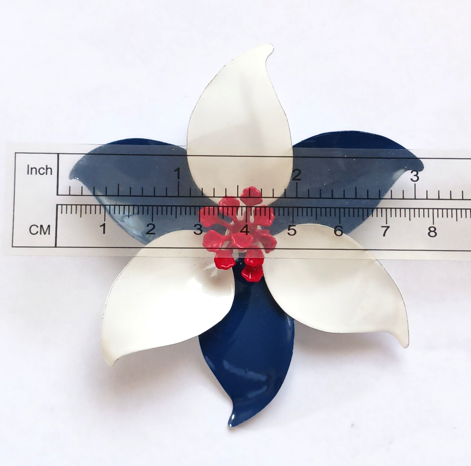 Vintage Enamel Flower Brooch ~ Red, White, Blue ~ 3.25 inch