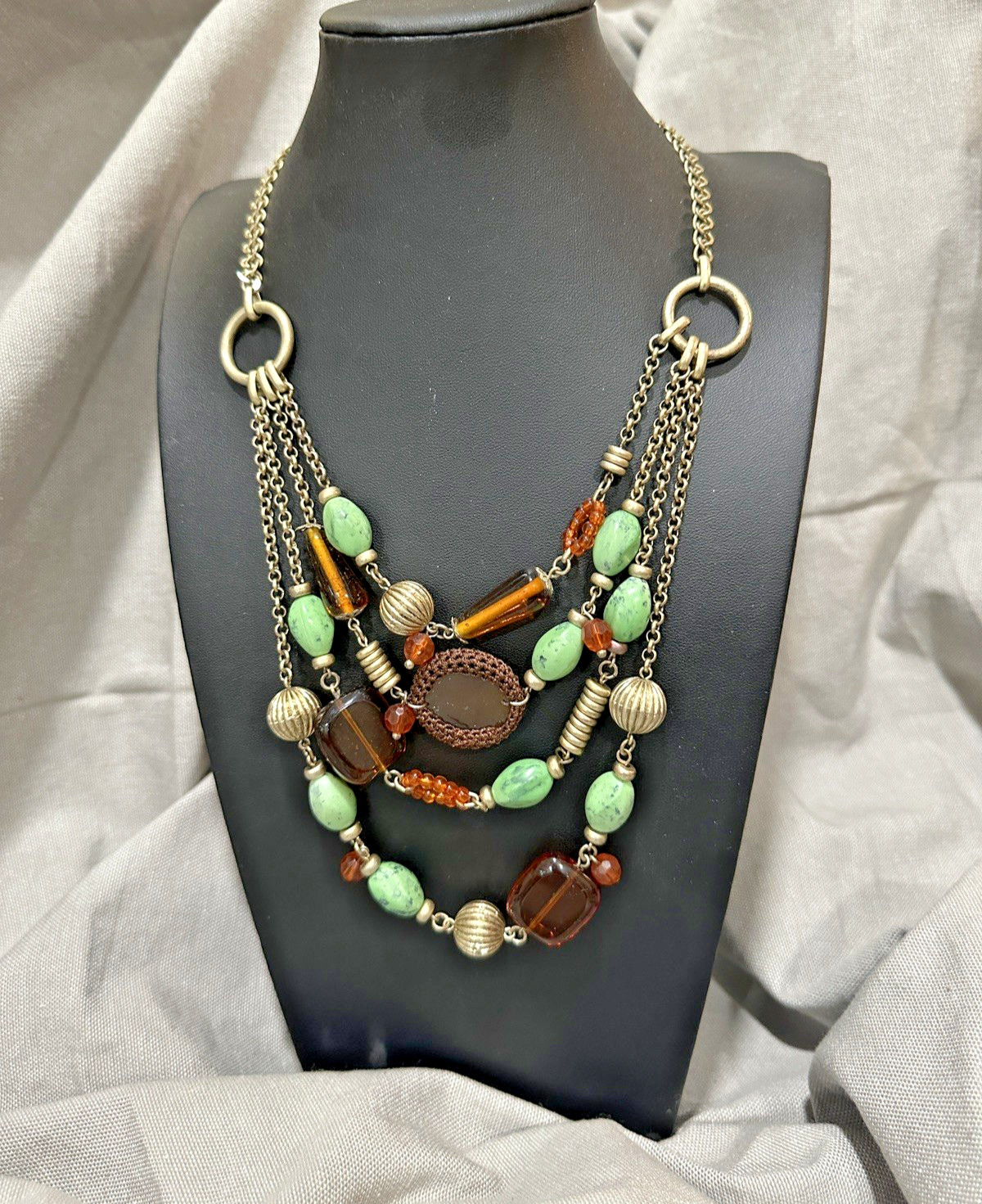 Liz Claiborne Multi Strand Statement Necklace Orange Green Light Gold Tone 18″