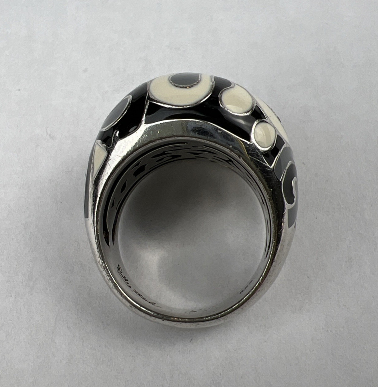 Belle Etoile Sterling Silver Black & White Enamel CZ Statement Ring Size 7.75