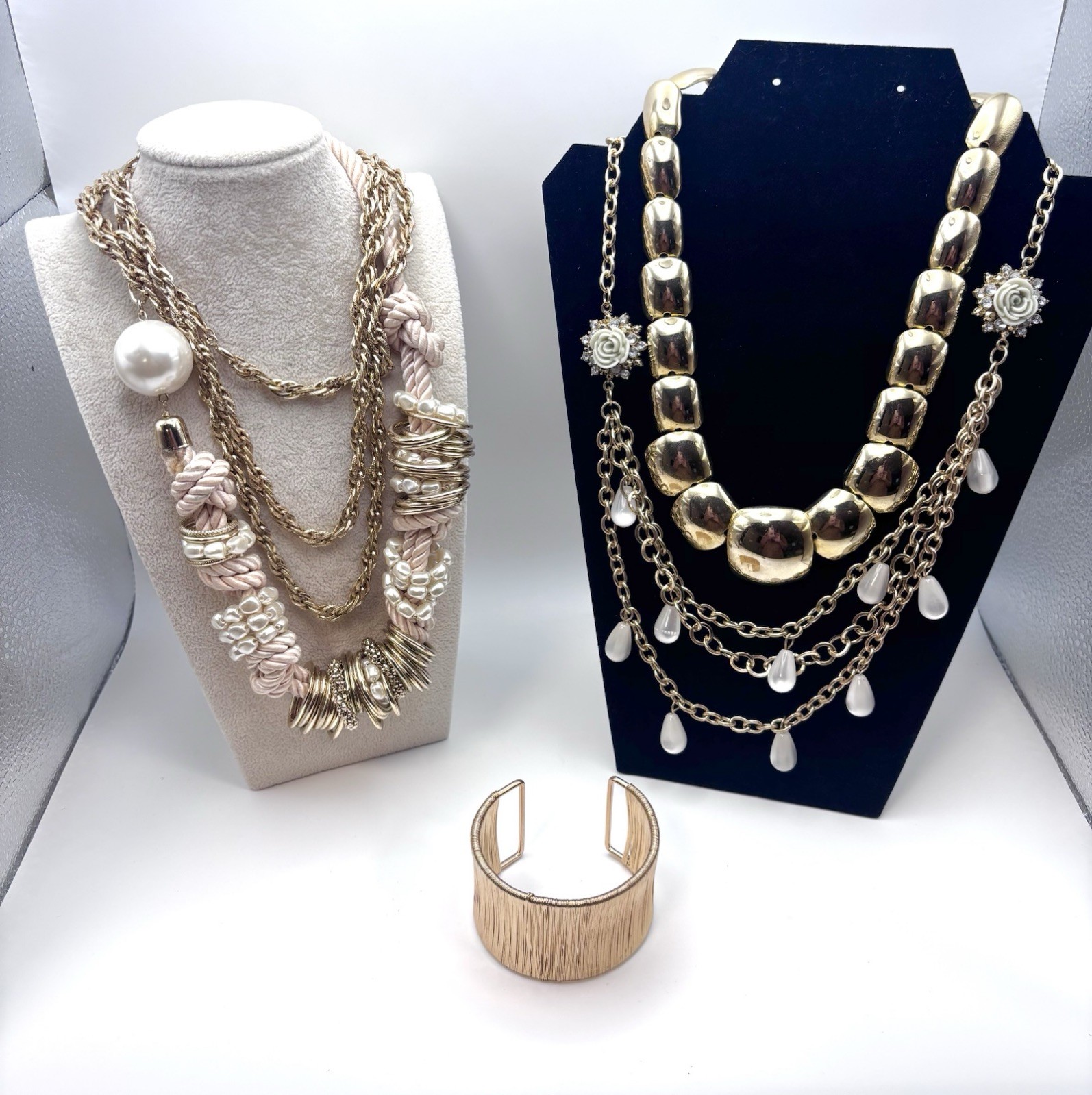 Vintage Lot High End Gold Tone 4 Costume Couture Layering Necklaces & Cuff